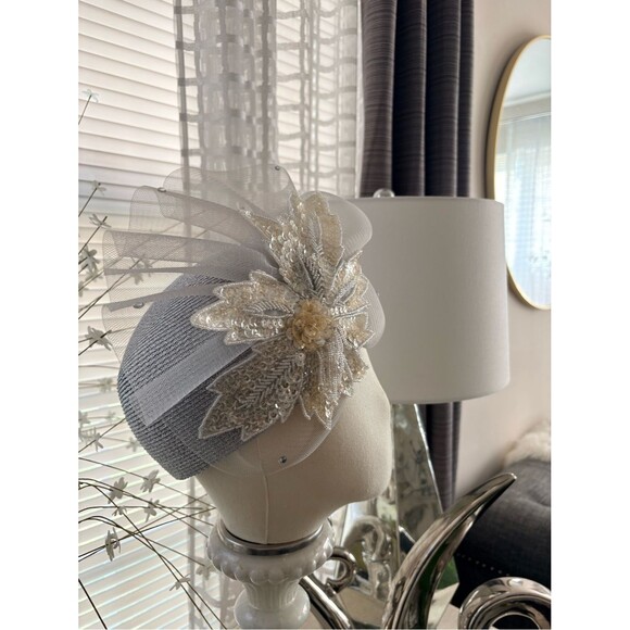 Embellished Asymmetrical Silver Straw Statement Fascinator Hat main image 5